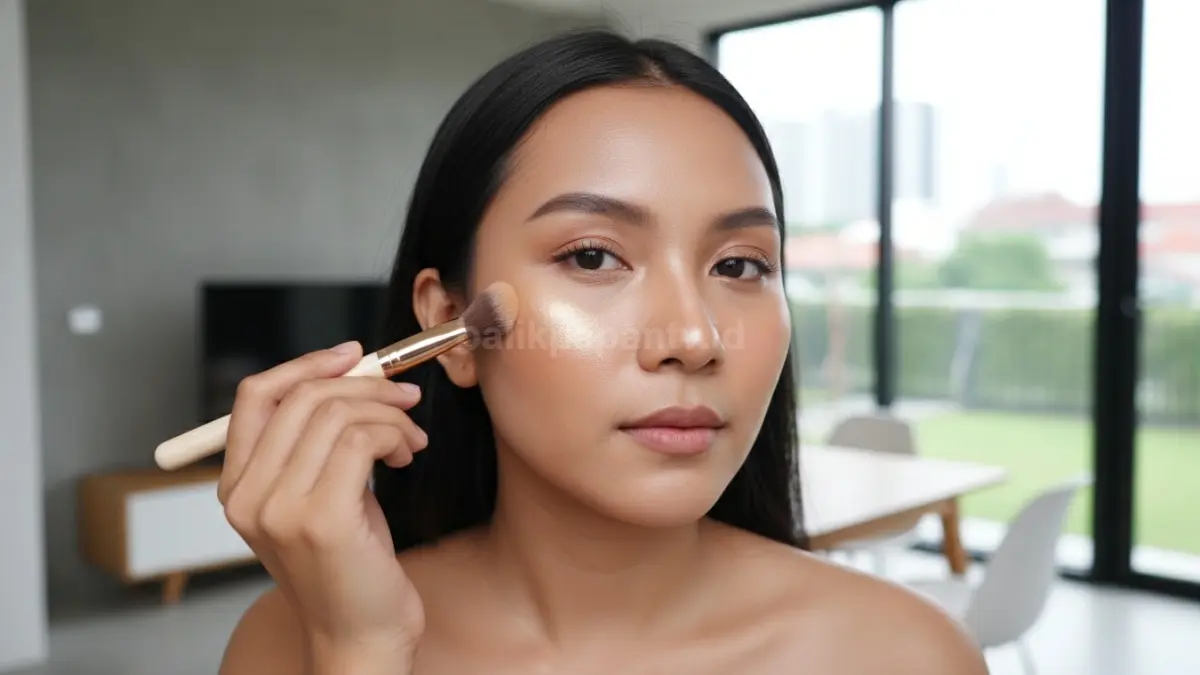 Proses aplikasi highlighter pada tulang pipi untuk menciptakan efek glow yang seimbang.
