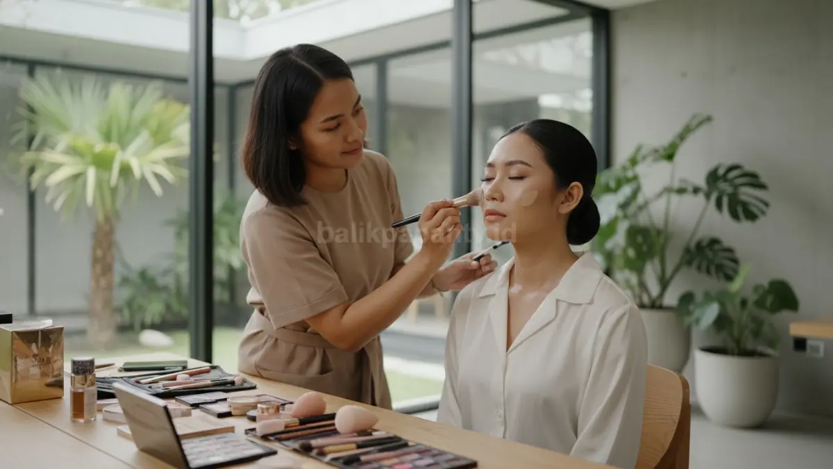 Proses aplikasi makeup pada area pipi dan rahang sesuai karakter bentuk wajah.
