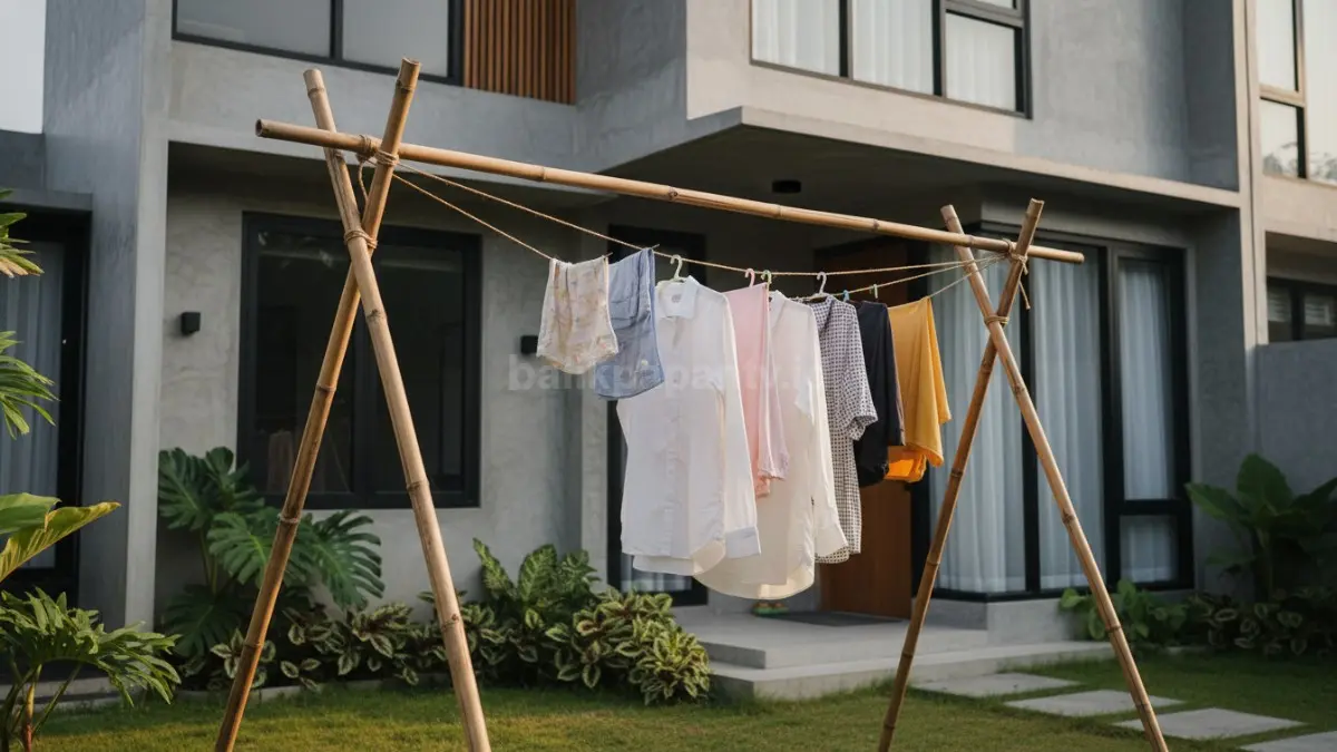 Rangka jemuran bambu sederhana yang memanfaatkan material sisa di sekitar rumah.
