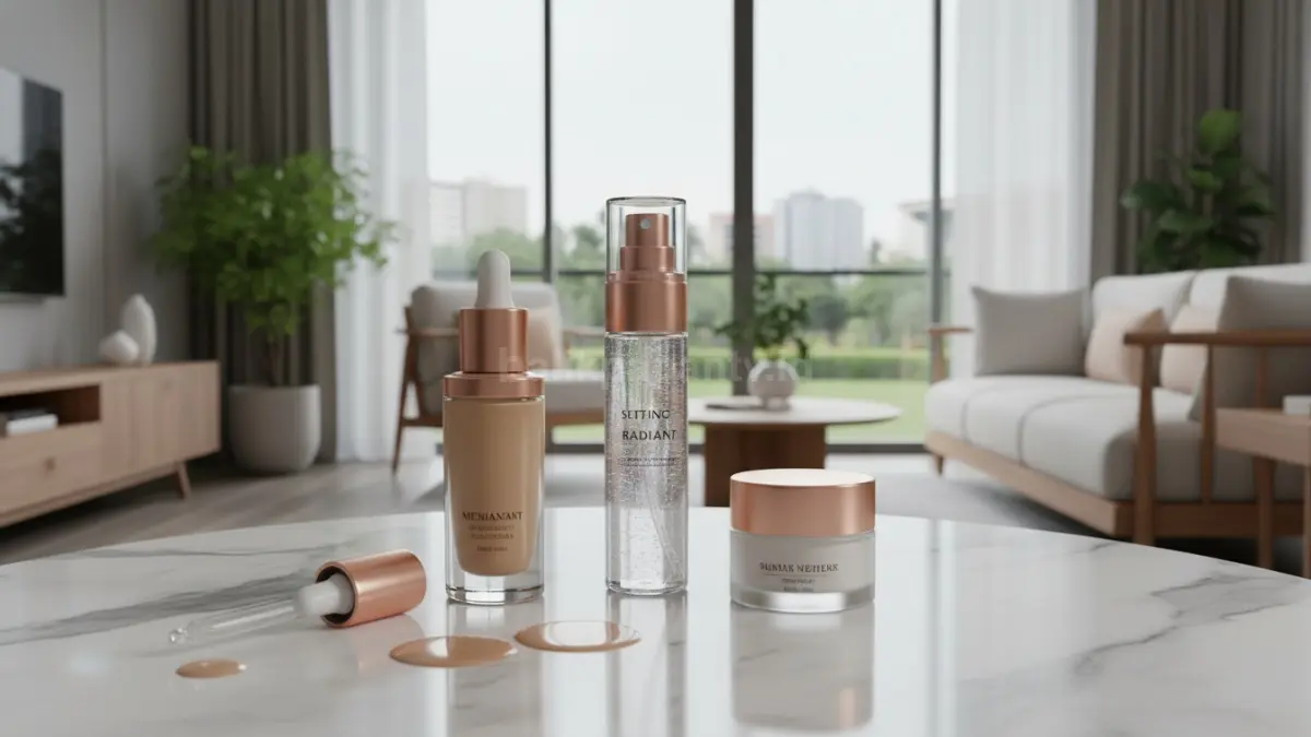 Rangkaian produk makeup glowy skin dengan foundation dewy dan setting spray radiant.
