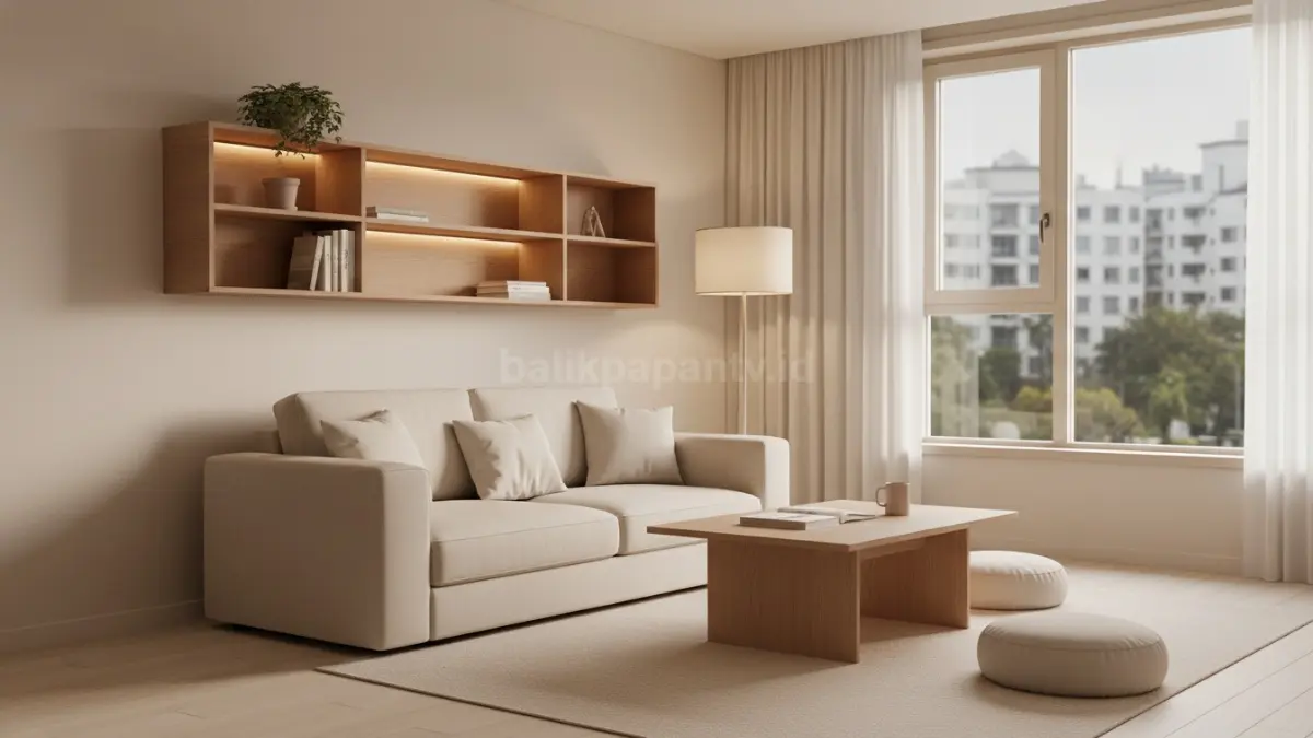 Ruang keluarga bergaya Korea dengan warna krem, furnitur minimalis, dan pencahayaan hangat yang nyaman (BTV/Ai)