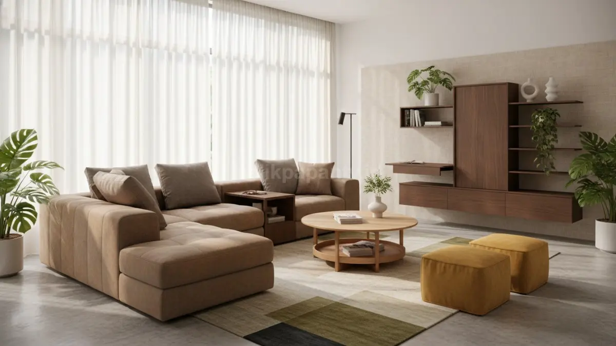 Ruang tamu aestetik modern dengan pencahayaan alami dan furnitur multifungsi yang nyaman.
