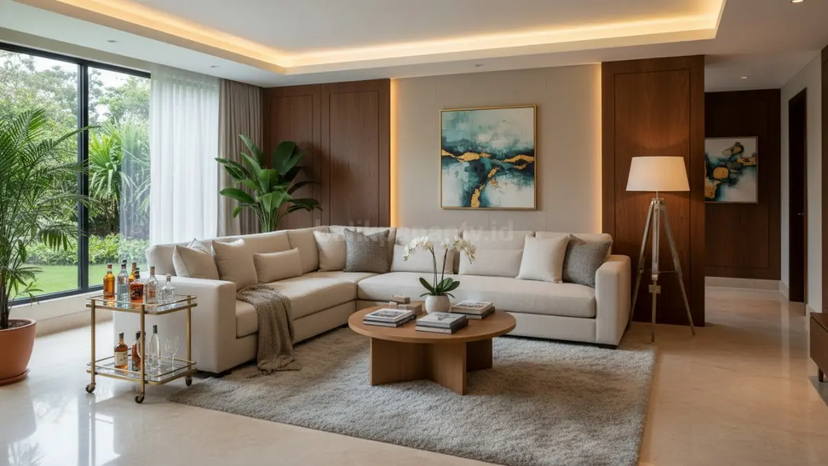 Ruang tamu elegan bergaya hotel bintang lima dengan sofa besar, pencahayaan hangat, dan material alami.(BTV/Ai)