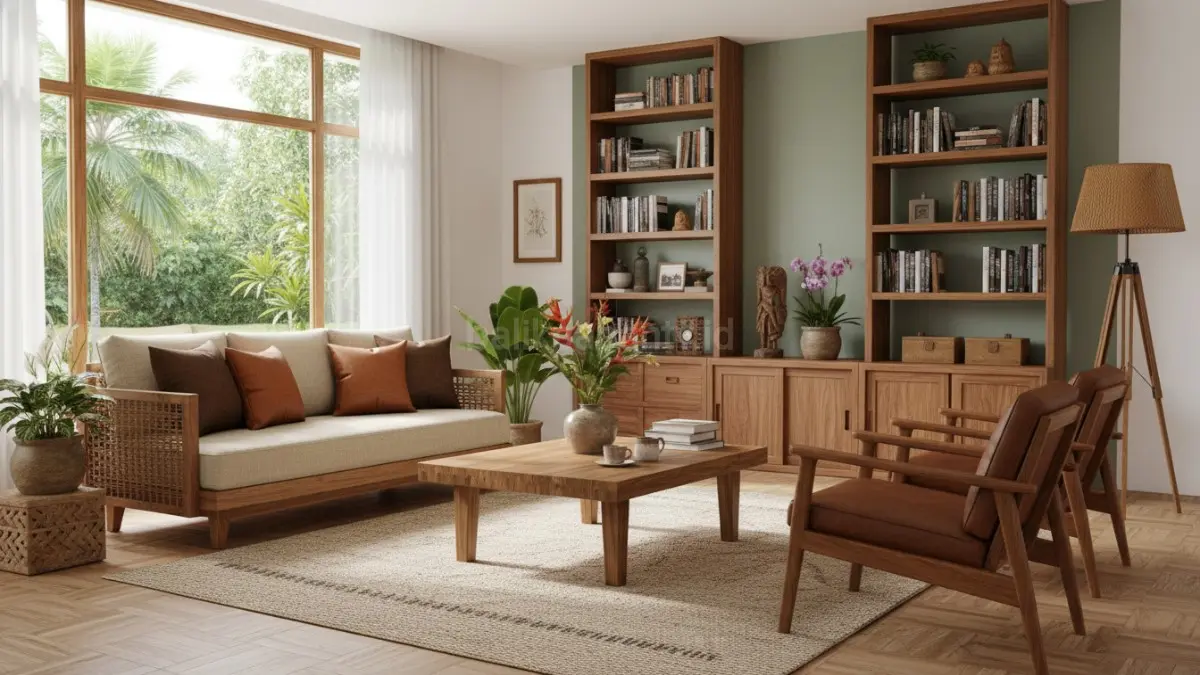 Ruang tamu modern berpadu furnitur kayu vintage fungsional menciptakan suasana hangat elegan nyaman keluarga minimalis. (BTV/AI)
