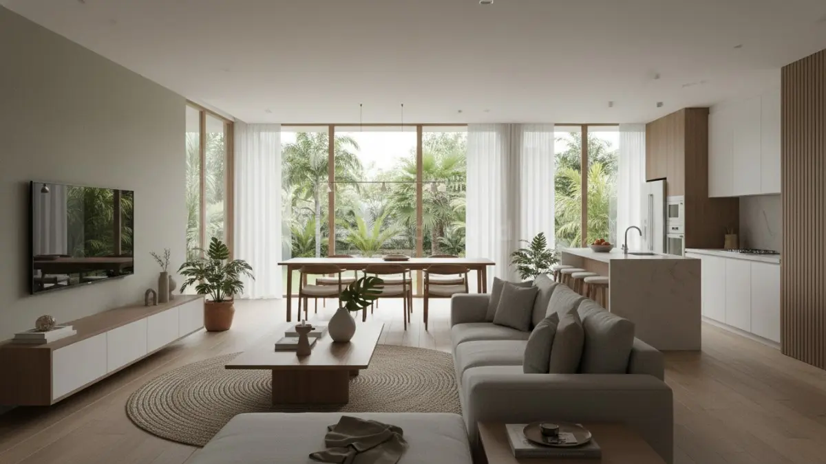 Ruang tamu tanpa sekat dengan cahaya alami melimpah dan tata furnitur modern yang nyaman untuk keluarga. (BTV/Ai)