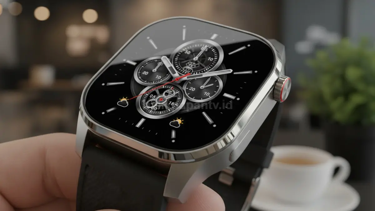 Tampilan layar AMOLED 2,06 inci Supercalla 4G Active dengan watchface analog beranimasi halus. (BTV/Ai)