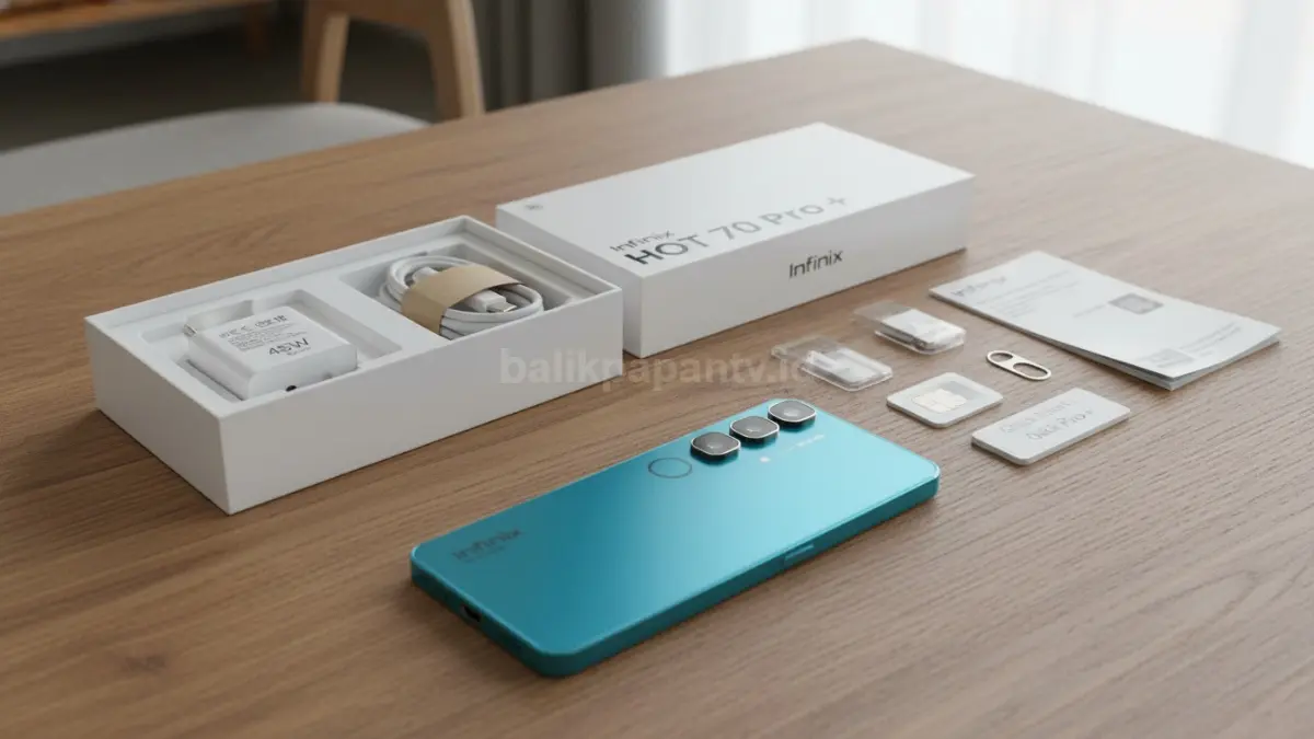 Tampilan unboxing Infinix HOT 70 lengkap dengan charger 45W dan aksesori bawaan. (BTV/Ai)