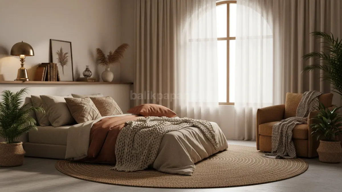 Tekstil bertekstur hangat menciptakan kamar nyaman, mengundang, dan terasa lebih hidup setiap hari.  (BTV/AI) 
