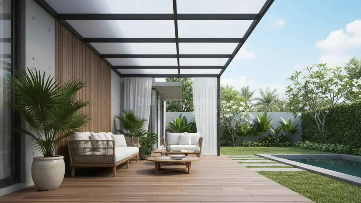 Teras berkanopi polikarbonat yang tetap terang dengan cahaya alami, hemat energi, dan cocok untuk rumah tropis modern. (BTV/Ai)