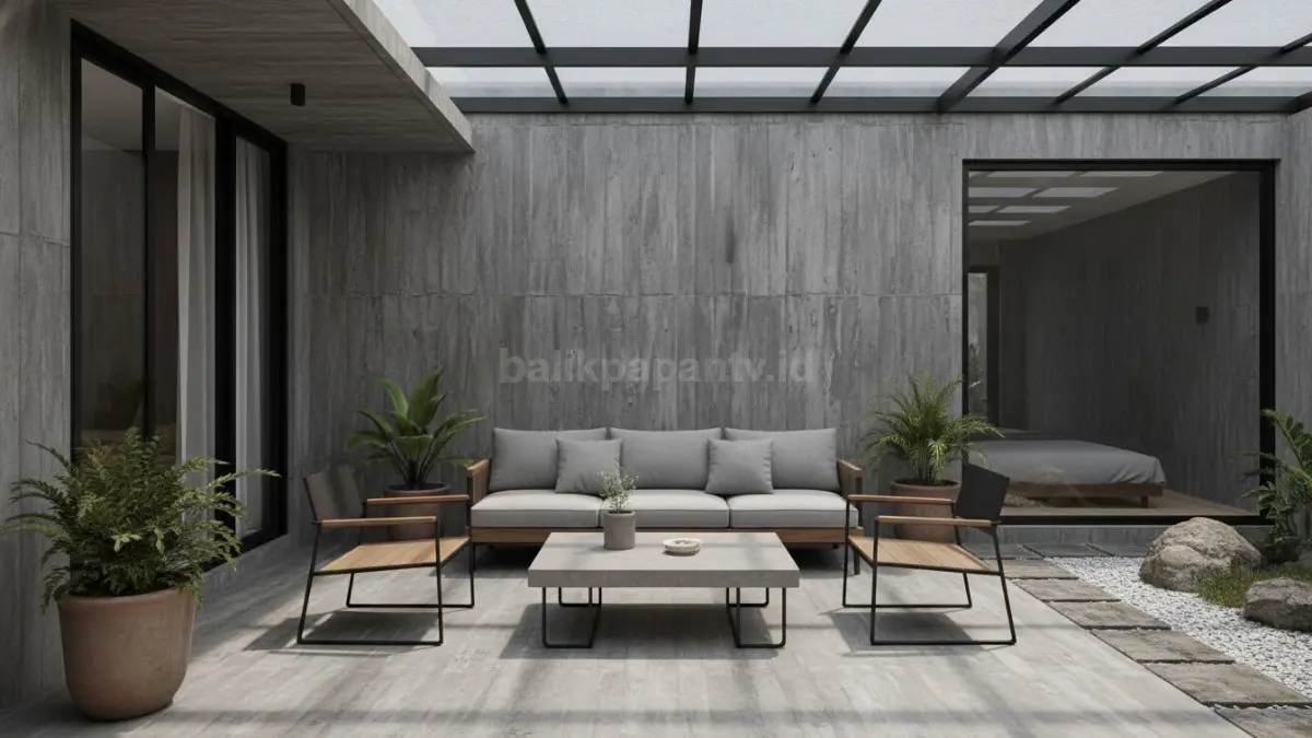 Teras beton ekspos bergaya industrial dengan tampilan tegas dan fungsional, cocok untuk hunian urban modern. (BTV/Ai)