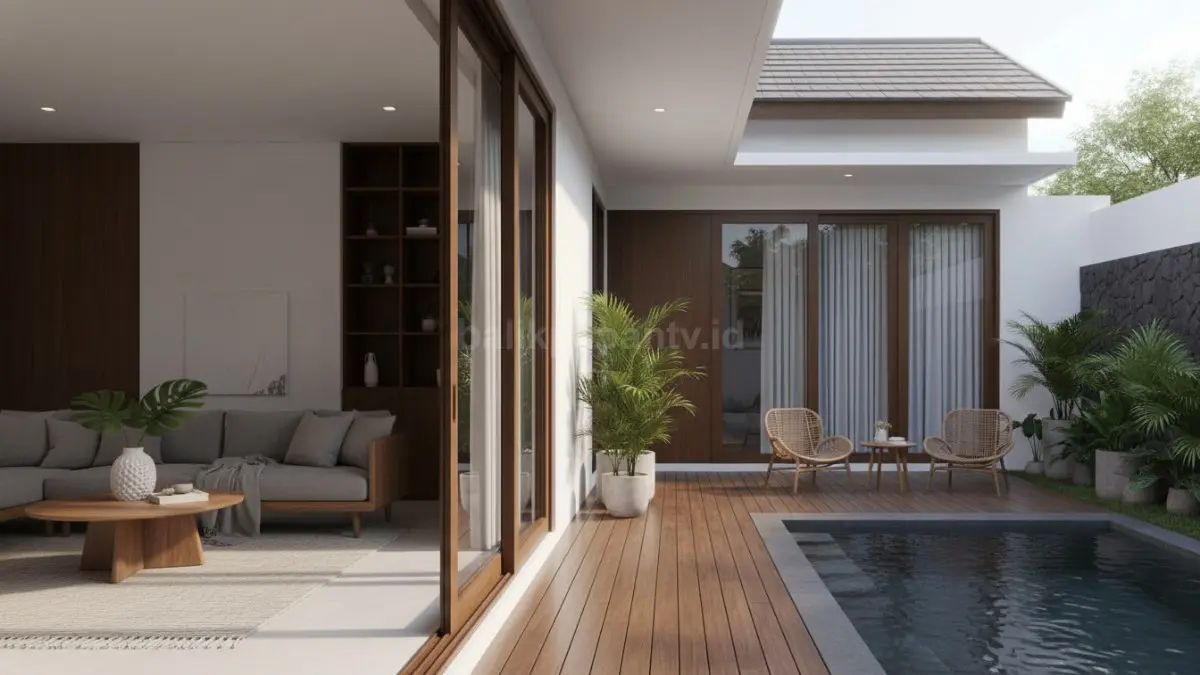 Teras dengan pintu kaca geser yang menyatukan ruang dalam dan luar, memberi kesan luas, ringan, dan modern. (BTV/Ai)