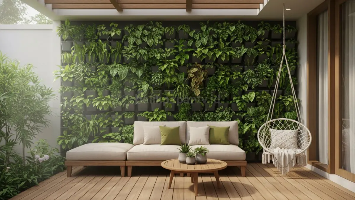 Teras dengan vertical garden yang menghadirkan suasana sejuk, segar, dan alami sekaligus mempercantik tampilan rumah. (BTV/Ai)