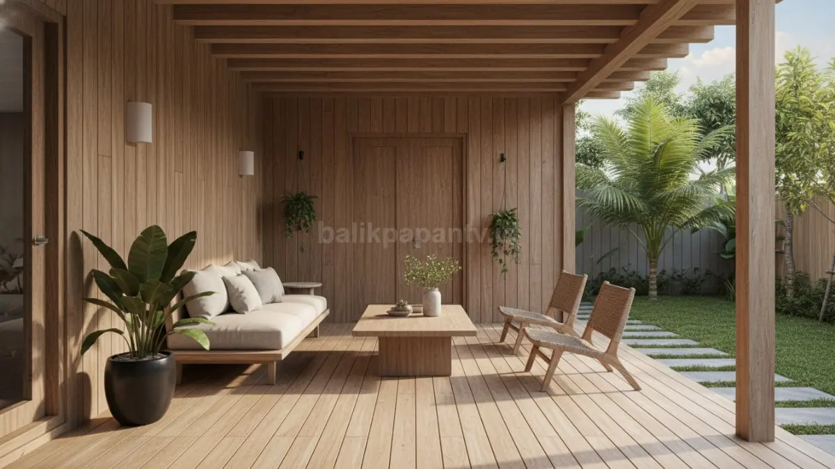 Teras kayu minimalis yang hangat dan natural, menciptakan suasana tenang dengan sentuhan alam, cocok untuk rumah keluarga muda. (BTV/Ai)