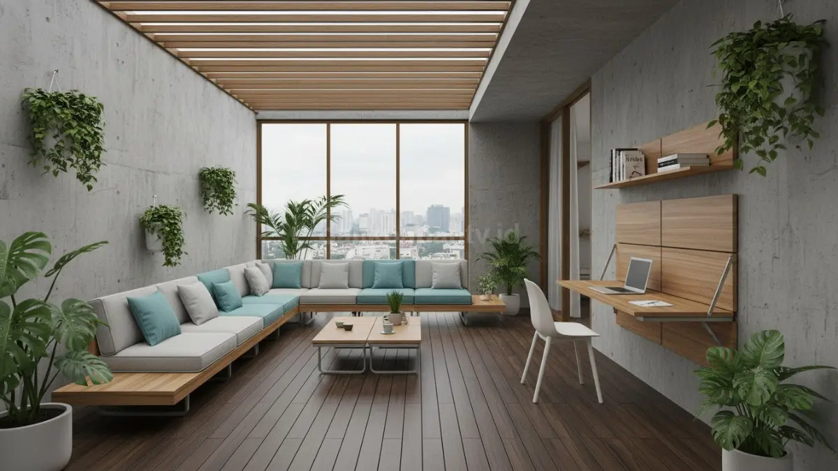 Teras modular dengan furnitur lipat yang fleksibel, bisa berubah fungsi sesuai kebutuhan pada lahan terbatas. (BTV/Ai)