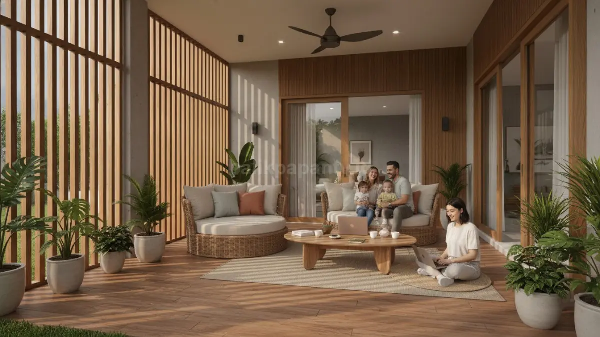 Teras semi outdoor modern dengan konsep ruang transisi terbuka yang nyaman dan fungsional. (BTV/Ai)