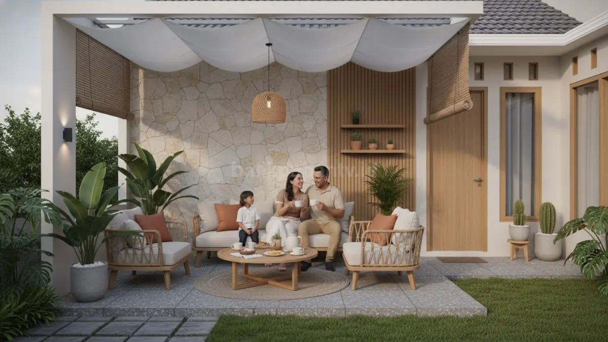Teras semi outdoor modern dengan pergola dan area duduk nyaman untuk berkumpul bersama keluarga. (BTV/Ai)