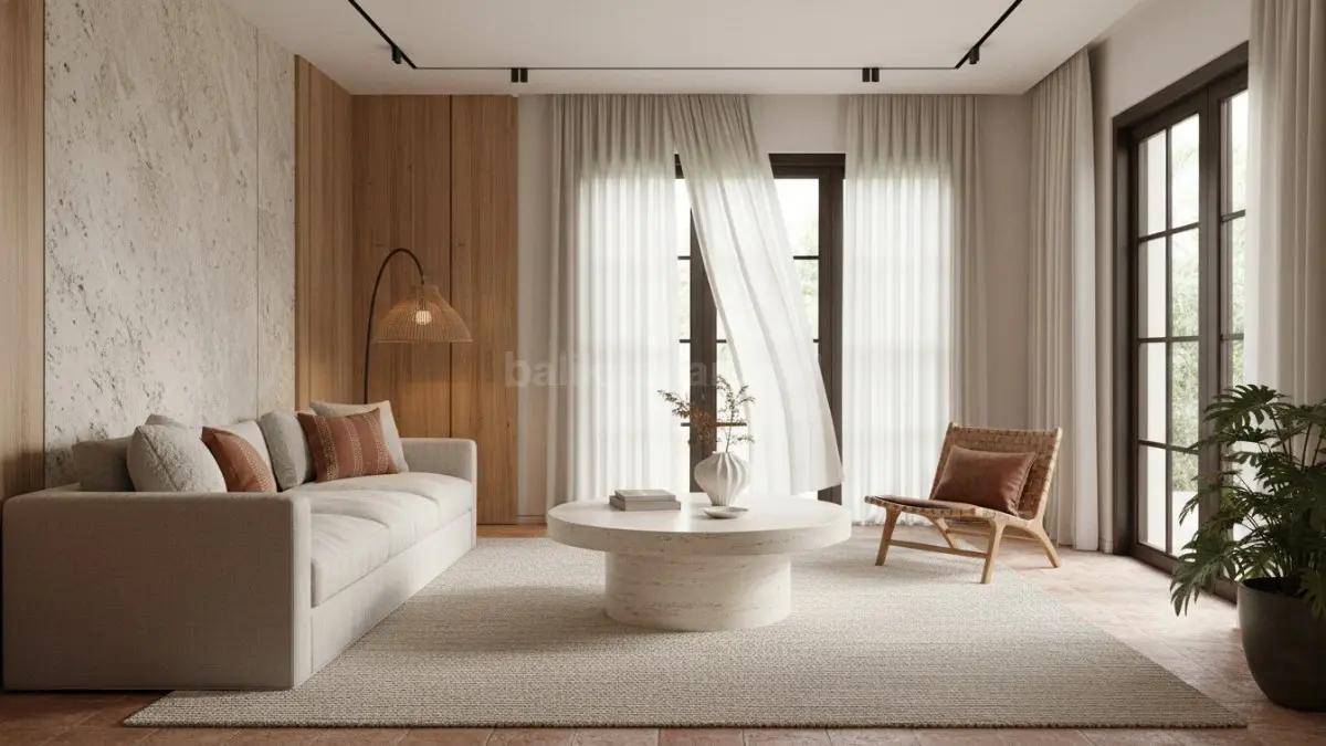 Textured Luxury Layering menonjolkan perpaduan tekstur seperti travertine, linen, dan kayu alami untuk menciptakan ruang mewah yang tenang dan berlapis. (BTV/Ai)
