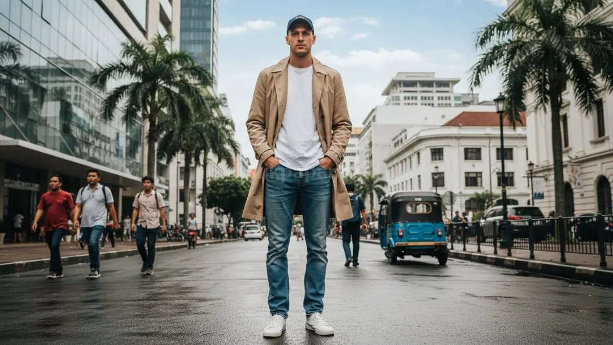 Trench coat beige dan blue jeans klasik menghadirkan gaya natural, santai, serta mudah dipadukan.  (BTV/AI) 
