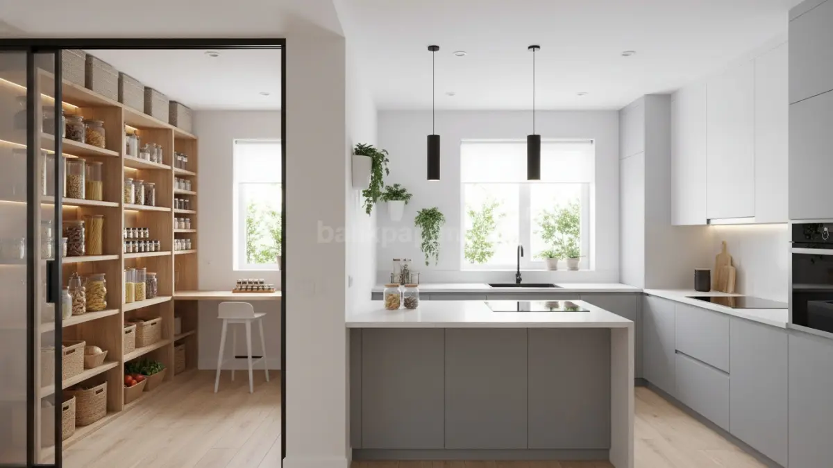 Walk-in pantry modern dengan rak penyimpanan teratur yang membuat dapur lebih rapi dan efisien. (BTV/Ai)