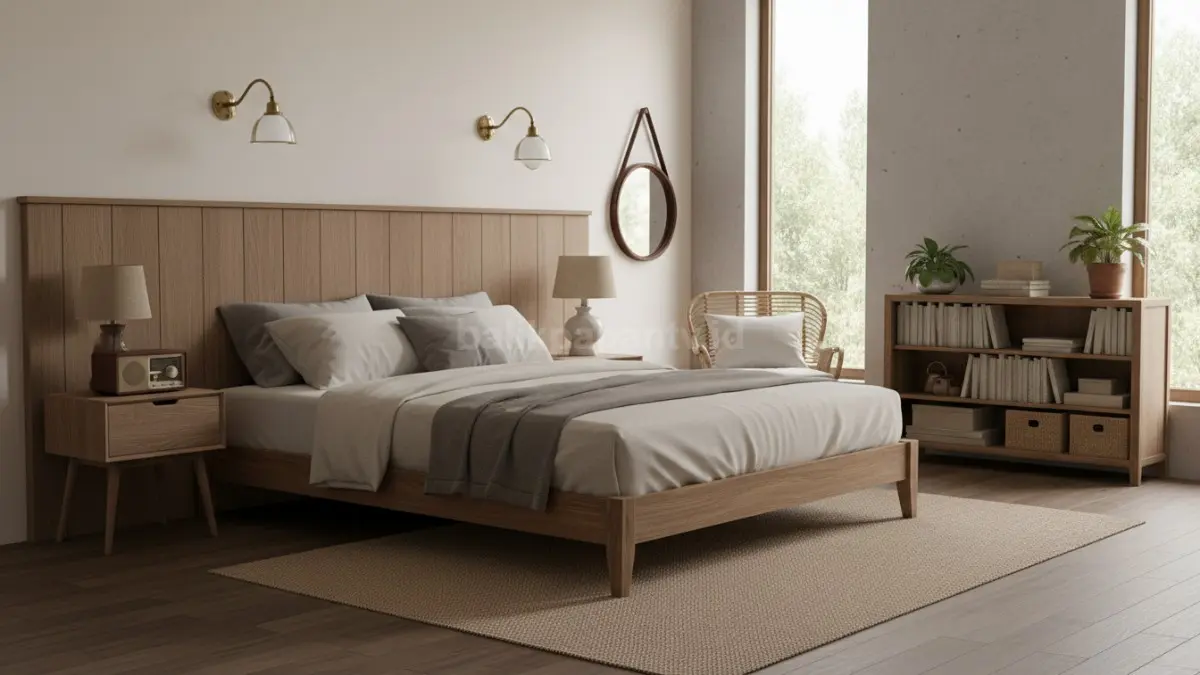 Warna netral dan furnitur klasik menciptakan kamar harmonis, hangat, serta mudah dipadukan.  (BTV/AI) 

