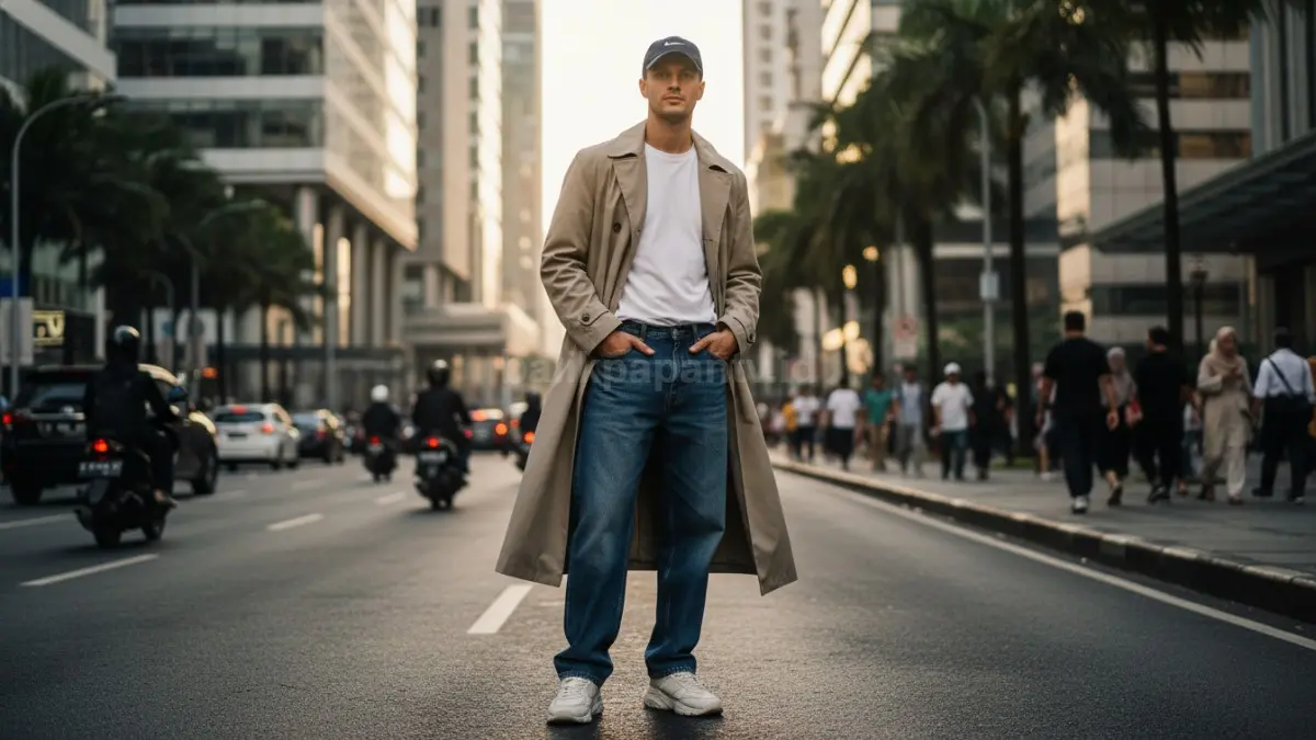 Wide-leg jeans dan trench coat panjang menghadirkan siluet modern, nyaman, proporsional, serta fleksibel harian.  (BTV/AI) 
