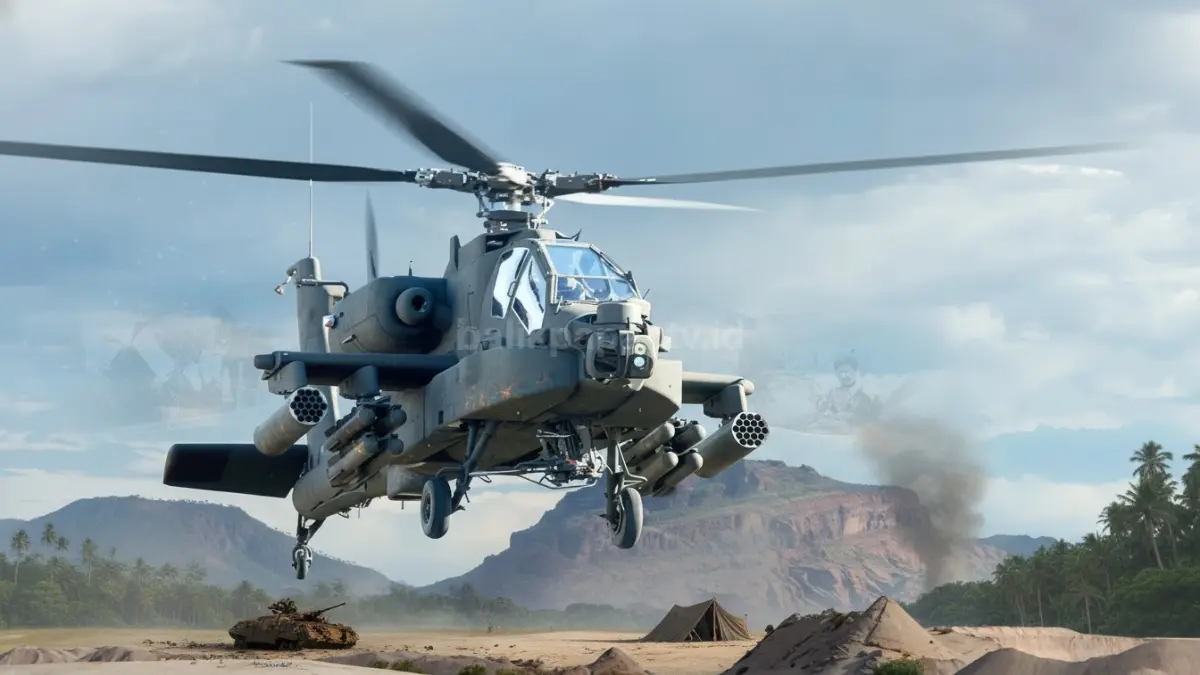 AH-64 Apache Guardian saat menjalankan misi tempur, simbol helikopter serang dengan rekam jejak perang kuat.
