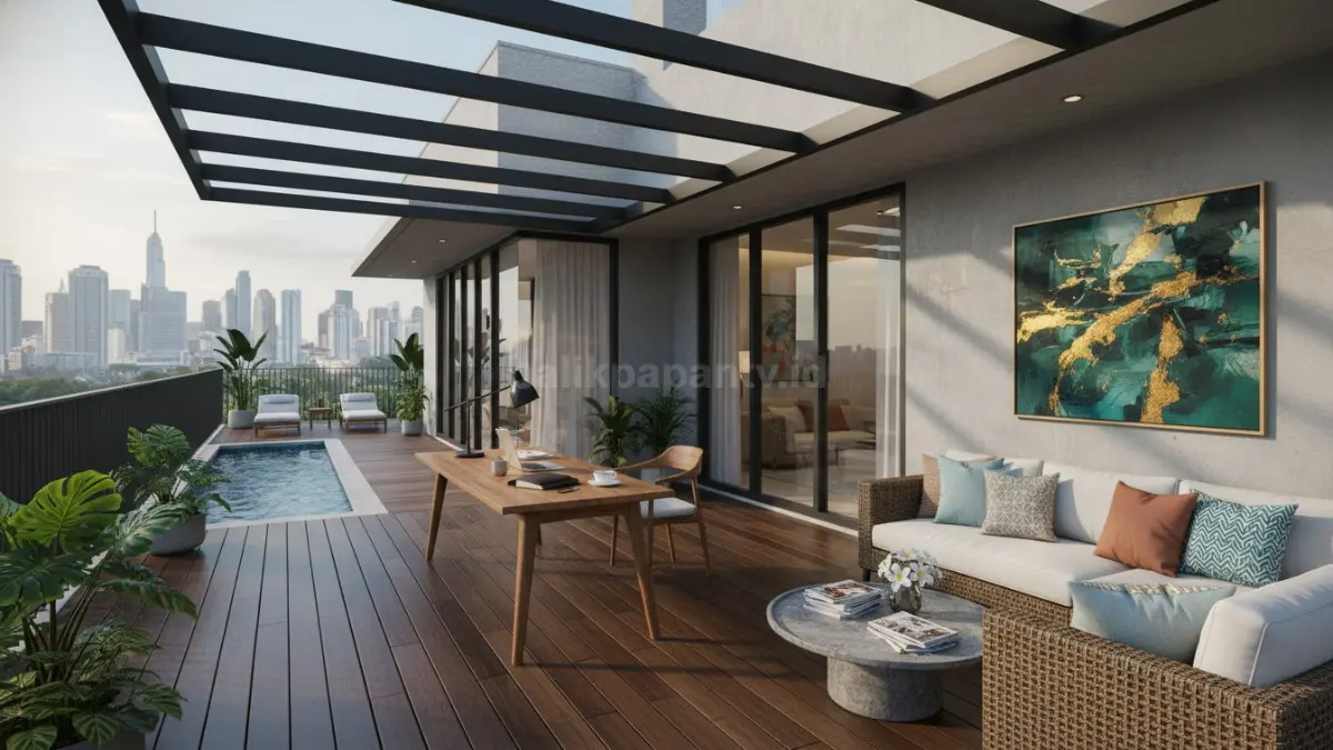 Area teras rumah modern yang difungsikan sebagai tempat kerja dan ruang santai semi-terbuka.
