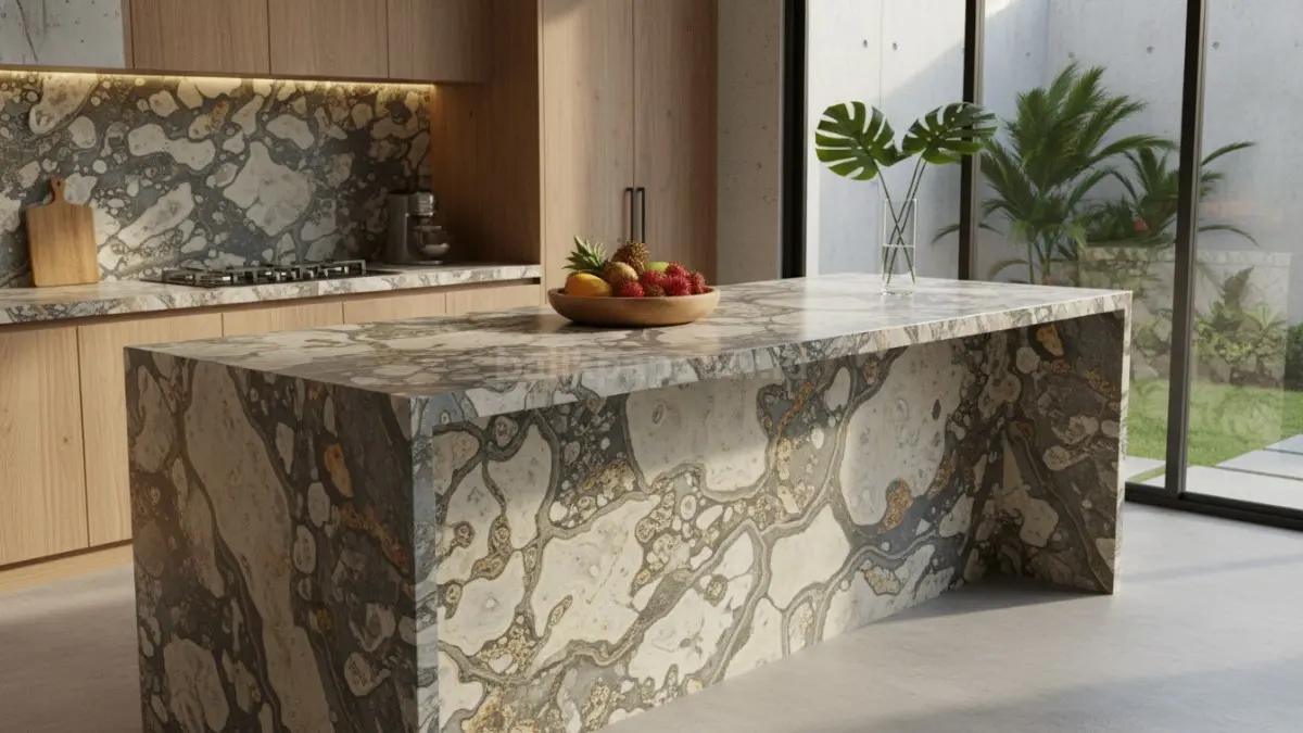 Batu alam bermotif unik menghadirkan karakter kuat dan sentuhan alami yang elegan pada dapur modern. (BTV/Ai)