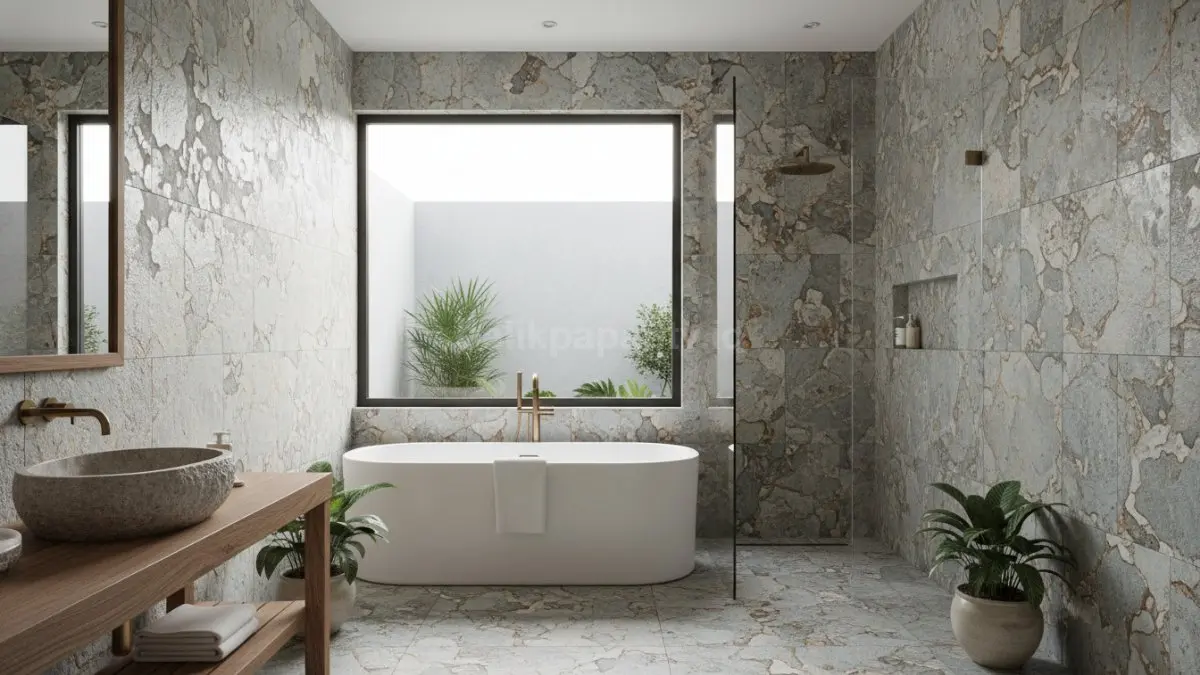Batu alam bertekstur menghadirkan kesan alami, elegan, dan karakter unik pada kamar mandi. (BTV/Ai)