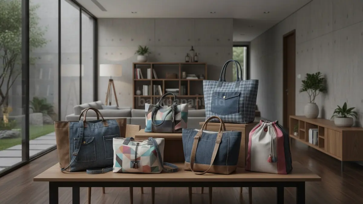 Beragam model tas belanja dari pakaian lama dengan desain kreatif dan fungsional.

