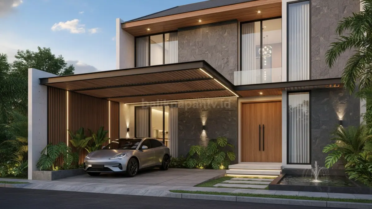 Carport elegan dengan kanopi aluminium yang menyatu harmonis dengan fasad rumah modern. (BTV/Ai)
