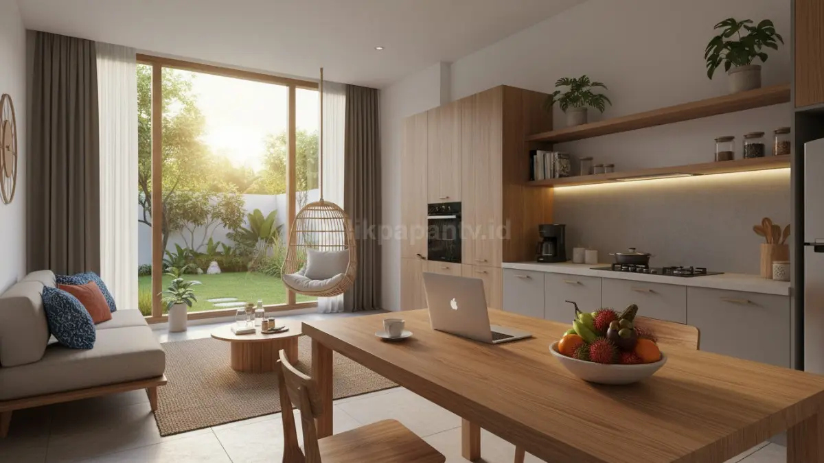 Dapur open space modern dengan kitchen island besar dan material batu alam bermotif unik. (BTV/Ai)