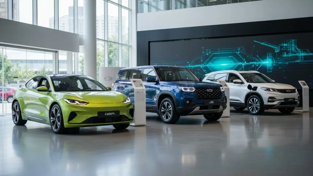 Deretan kendaraan Chery Que, J6, dan Tiggo PHEV yang menunjukkan strategi elektrifikasi untuk berbagai kebutuhan mobilitas. (BTV/Ai)
