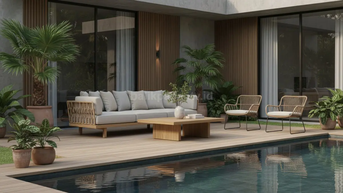 Furnitur premium berdesain sederhana menghadirkan kenyamanan dan kesan elegan pada area outdoor. (BTV/Ai)