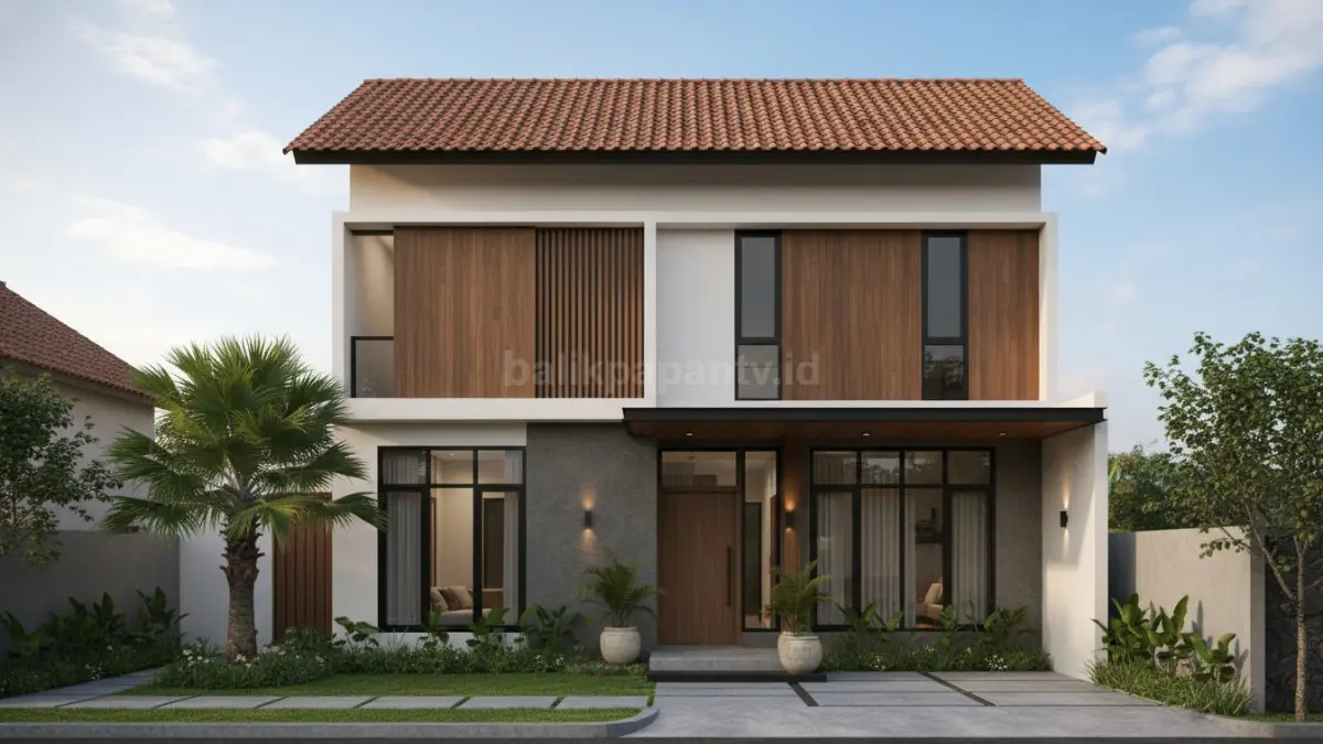 Genteng tanah liat modern berpadu fasad minimalis, menghadirkan hunian sejuk, hangat, dan tetap elegan. (BTV/Ai)
