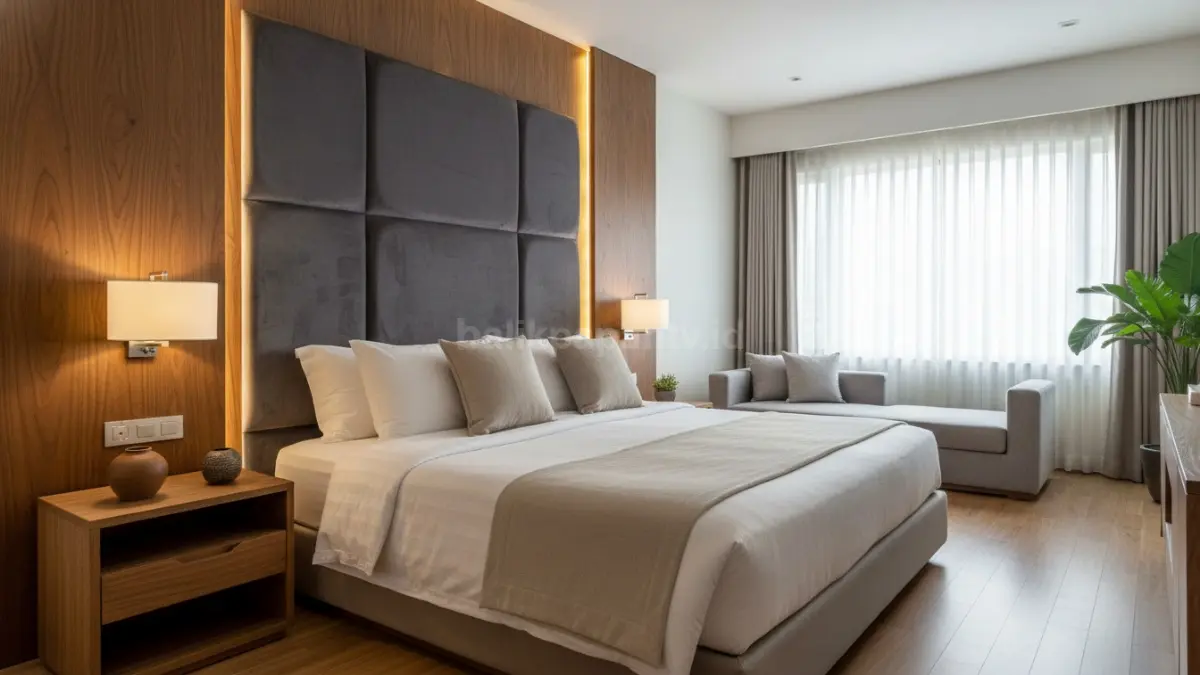 Headboard besar menghadirkan kesan mewah, hangat, dan menjadi fokus utama kamar tidur. (BTV/Ai)