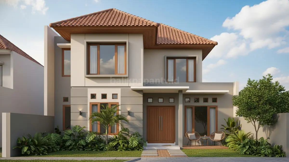 Hunian minimalis dua lantai dengan kombinasi genteng keramik dan desain tropis kontemporer.