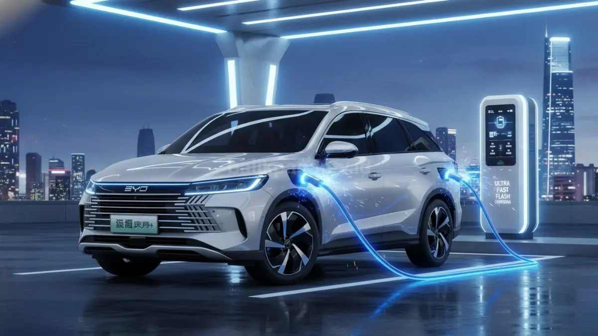 Ilustrasi pengisian daya cepat Sea Lion 05 EV dengan teknologi Ultra Fast Flash Charging. (BTV/Ai)