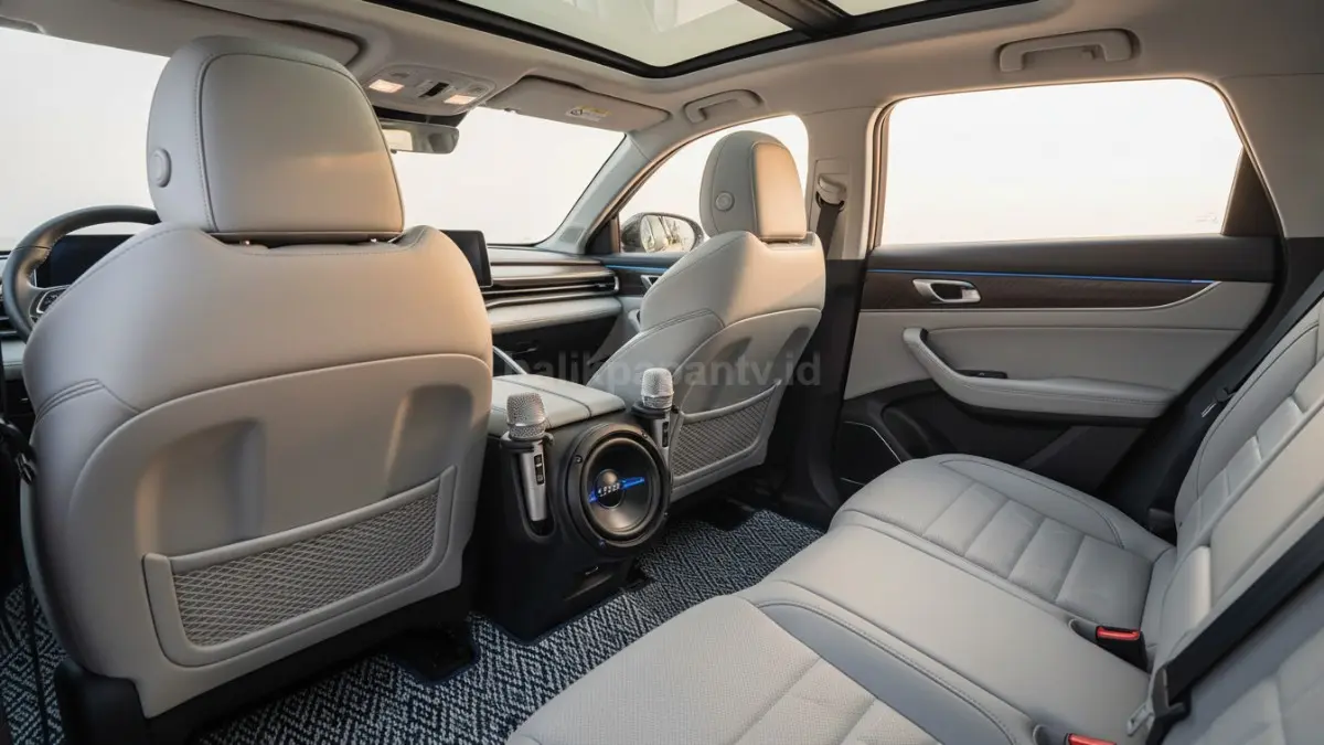 Interior Jaecoo J5 EV dilengkapi aksesori hiburan seperti Carl Subwoofer dan Koke Mic. (BTV/Ai)