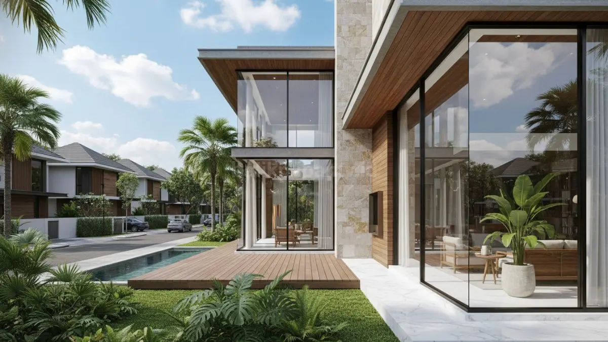 Jendela kaca jumbo dari lantai ke plafon menghadirkan cahaya alami dan pemandangan luas pada rumah modern. 9BTV/Ai)
