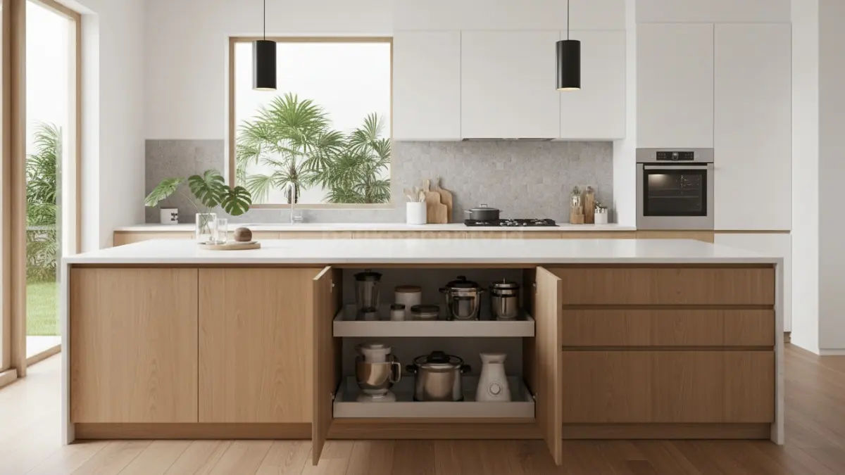 Kabinet tersembunyi pada island menjaga dapur tetap rapi, fungsional, dan modern. (BTV/Ai)