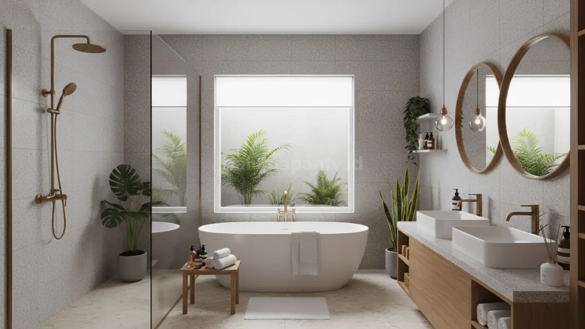 Kamar mandi wellness spa dengan bathtub freestanding dan batu alam bertekstur yang menenangkan. (BTV/Ai)