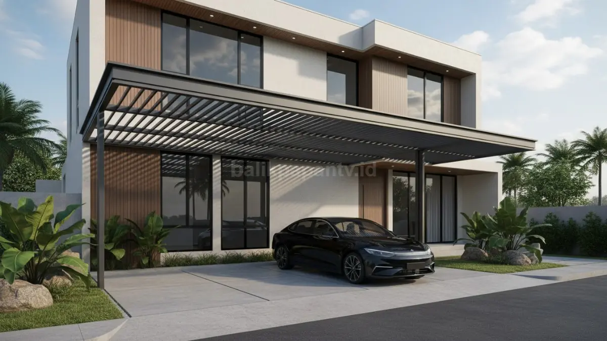 Kanopi aluminium bergaris minimalis menghadirkan tampilan modern, rapi, dan menyatu dengan fasad rumah kontemporer. (BTV/Ai)