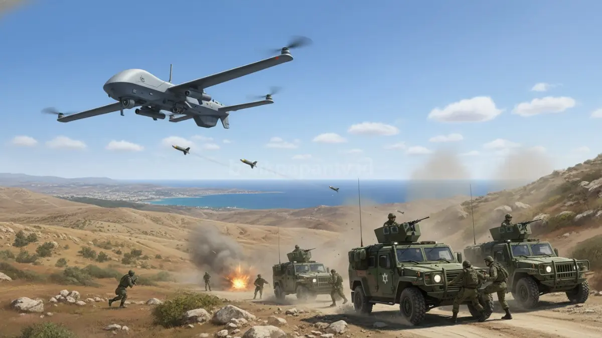 Kendaraan militer Israel di Lebanon selatan setelah menjadi sasaran serangan drone Hizbullah.