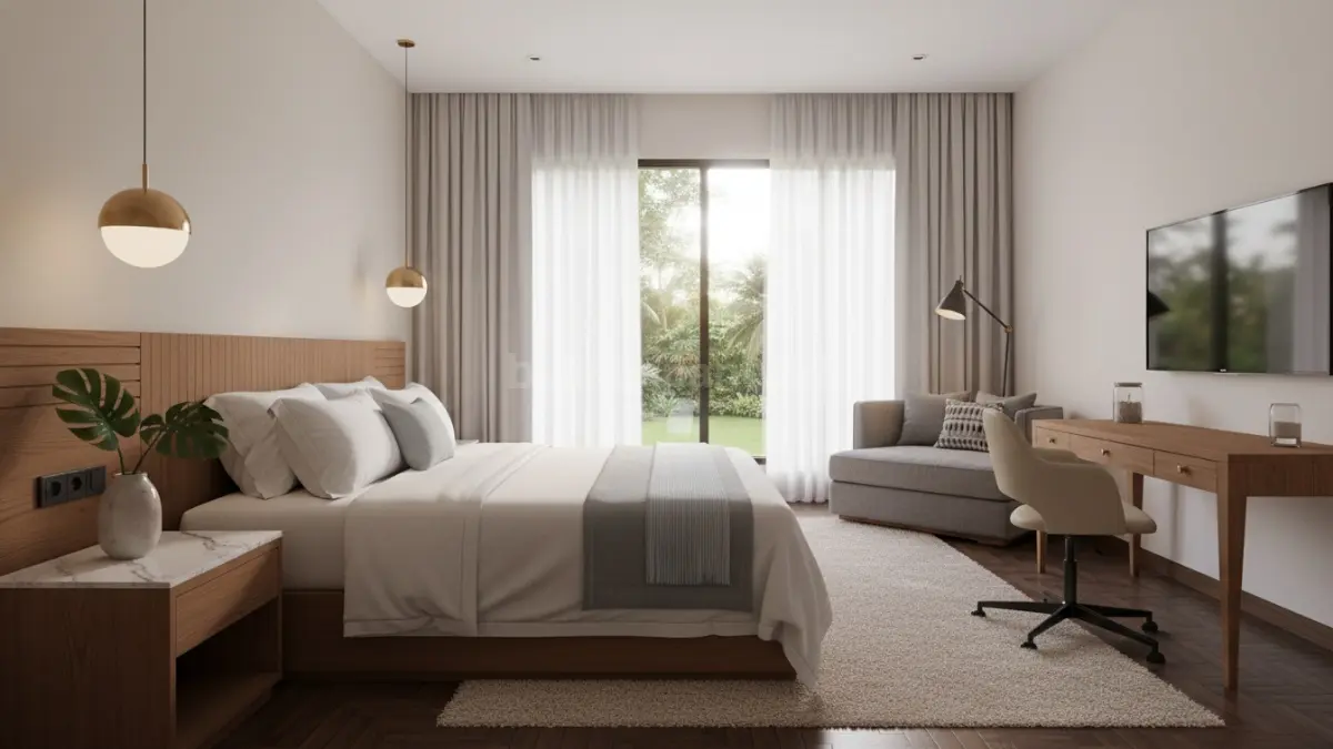 Master bedroom hotel suite premium dengan headboard besar dan pencahayaan hangat. (BTV/Ai)