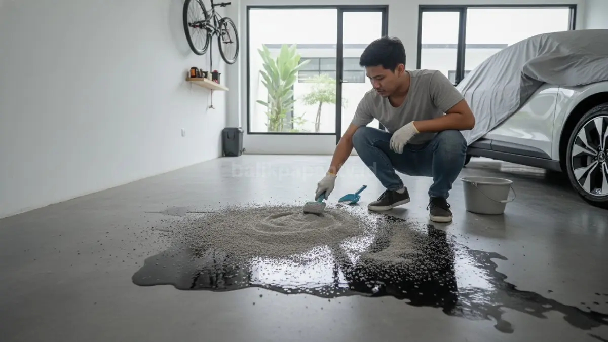 Membersihkan tumpahan oli di lantai garasi menggunakan bahan penyerap agar noda tidak menyebar.
