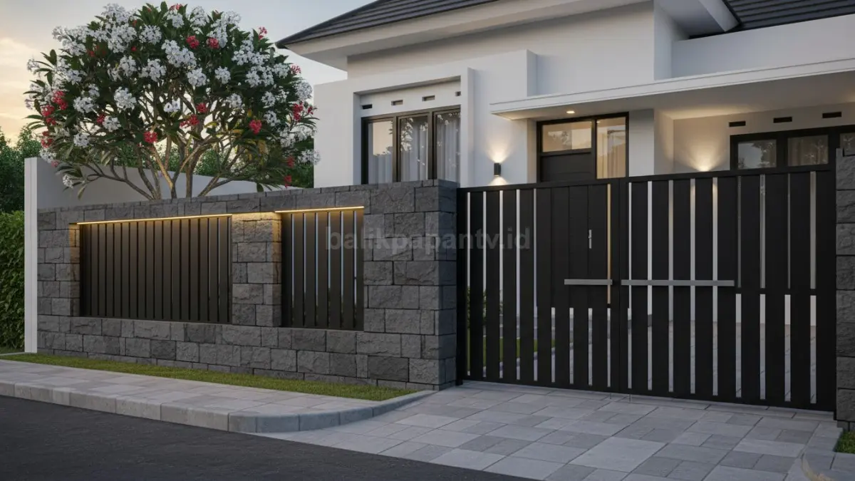 Pagar minimalis batu alam dan aluminium hitam matte dengan pencahayaan tersembunyi pada rumah modern. (BTV/Ai)
