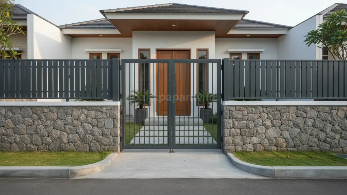 Perpaduan tekstur kontras menciptakan tampilan pagar yang elegan, modern, dan berkarakter. (BTV/Ai)