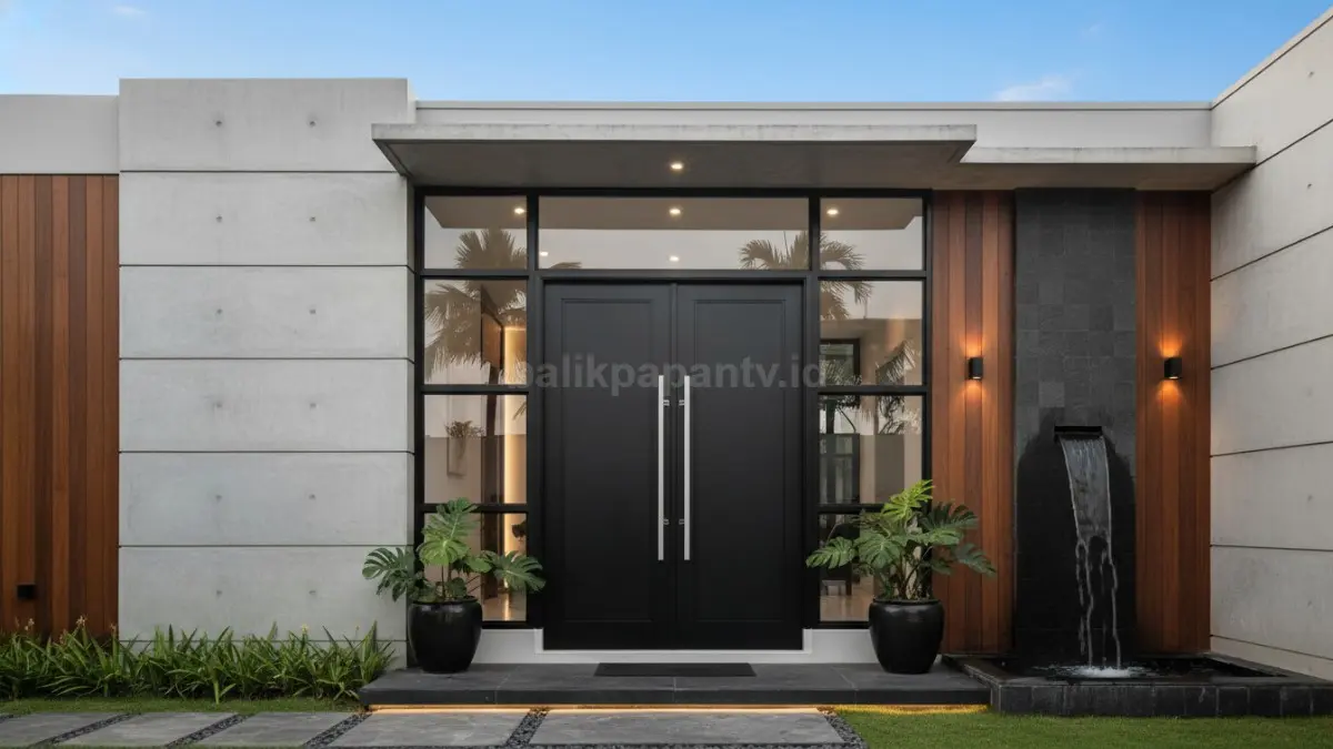 Pintu aluminium gelap menghadirkan tampilan modern, bersih, dan tahan cuaca untuk fasad kontemporer. 9BTV/Ai)