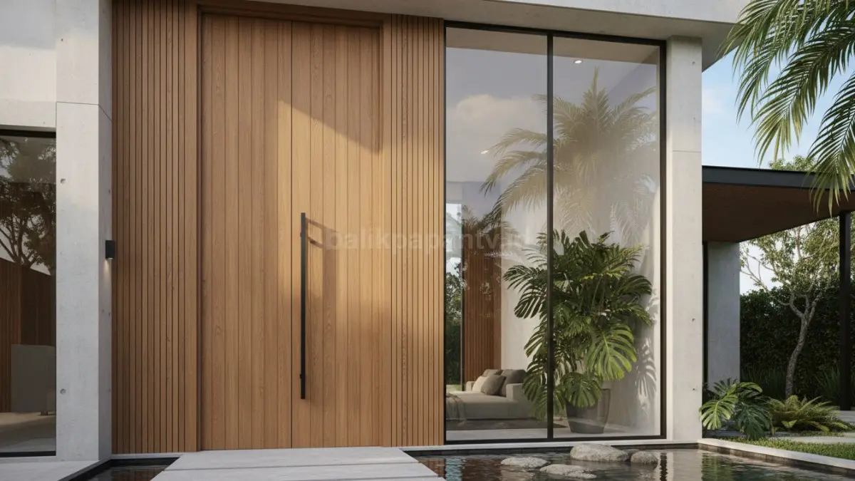 Pintu kayu solid satu bidang menghadirkan kesan hangat, kokoh, dan elegan dengan tampilan minimalis yang kuat. (BTV/Ai)